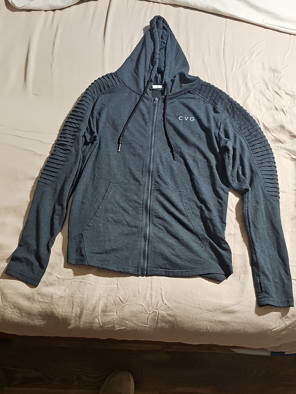 CVG Charcoal Zip Hoodie with Ribbed Sleeve Detail